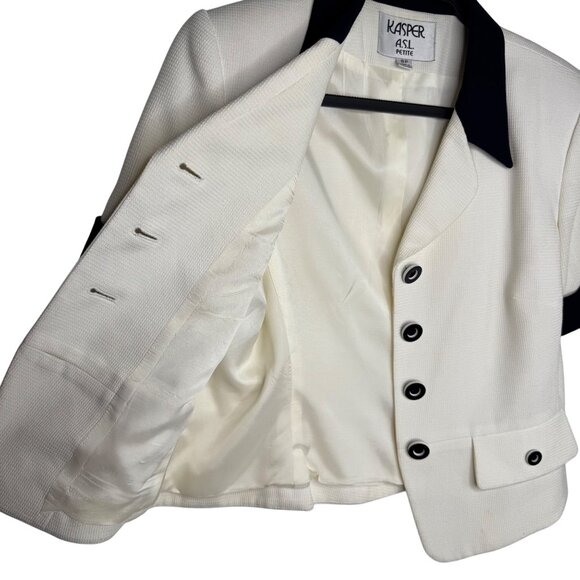 VTG 80s Kasper A.S.L. 8P Dark Blue Ivory Short Sleeve Blazer & Skirt Set Office - Picture 3 of 16